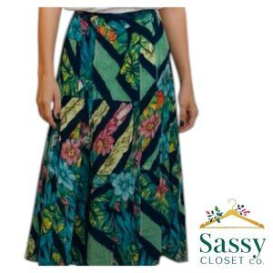 ETRO Milano Green Blue Botanical Maxi Skirt Viscose Tailored Waist Sz 6 EUC